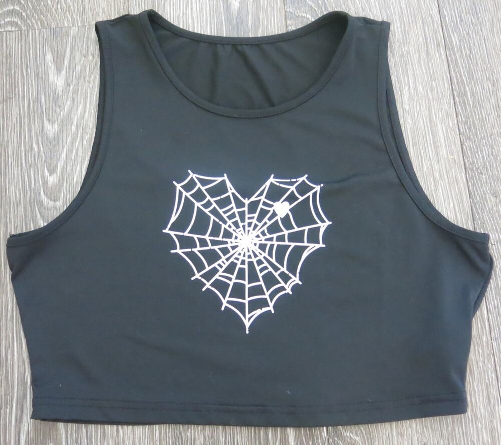 Crop Tank Top Spider Web Heart Size L Women Black White Whimsy Goth Halloween